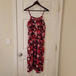 Old Navy Waist-Defined Cami Midi Dress Size Medium Black Pink Floral Boho